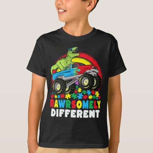 Rawrsomally Different T Rex Monster Truck Autism T-shirt (Voorkant)