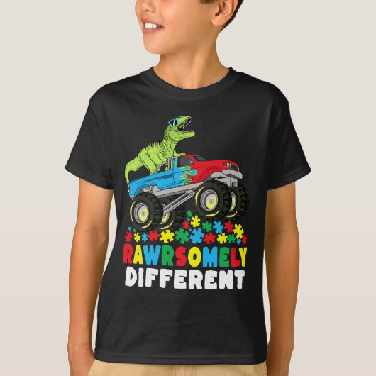 Rawrsomally Different T Rex Monster Truck Autism T-shirt (Voorkant)