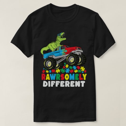 Rawrsomely Different T Rex Monster Truck Autism T-shirt (Design voorkant)