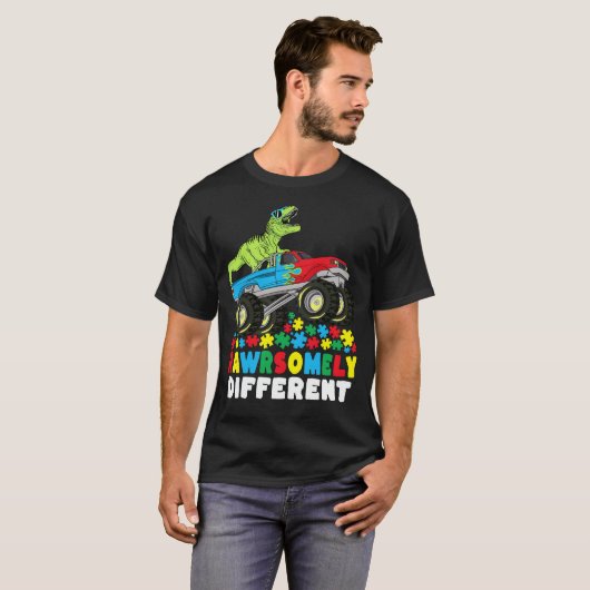 Rawrsomely Different T Rex Monster Truck Autism T-shirt (Voorkant volledig)