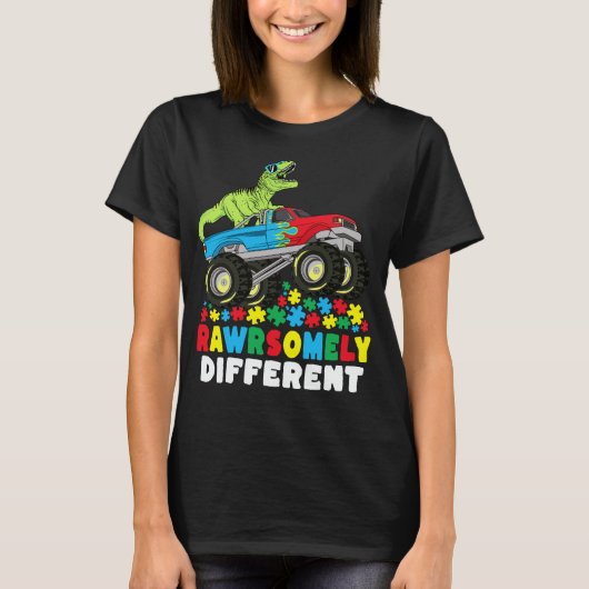 Rawrsomely Different T Rex Monster Truck Autism T-shirt (Voorkant)