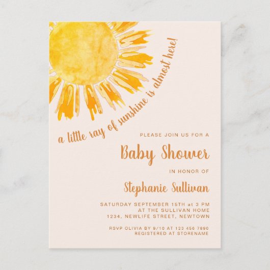 Ray of Sunshine Baby shower Invitation Briefkaart (Voorkant)
