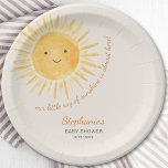 Ray of Sunshine Baby shower Papieren Bordje<br><div class="desc">Ben je van plan een baby shower met een zonneterrein te organiseren? Dit leuke baby showers papieren bord zegt "Our Little Ray Of Sunshine Is Almost Here" in stijlvolle scripttypografie met een lachende gele waterverf zon op een zacht crèmeachtergrond. Gemakkelijk aan te passen. Er zijn bijpassende papieren servetten en kopjes...</div>