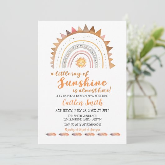 Ray of Sunshine Boho Sun Baby shower Uitnodiging (Staand voorkant)
