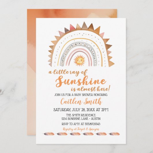 Ray of Sunshine Boho Sun Baby shower Uitnodiging (Voorkant / Achterkant)