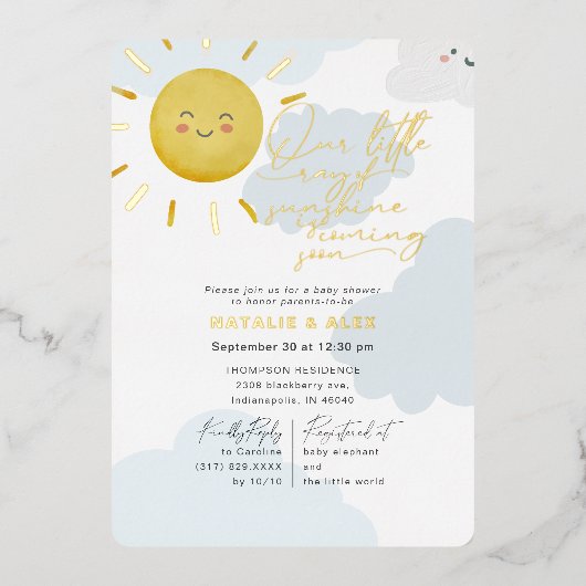 Ray of Sunshine Clouds Boy Baby shower Folie Uitnodiging (Voorkant)
