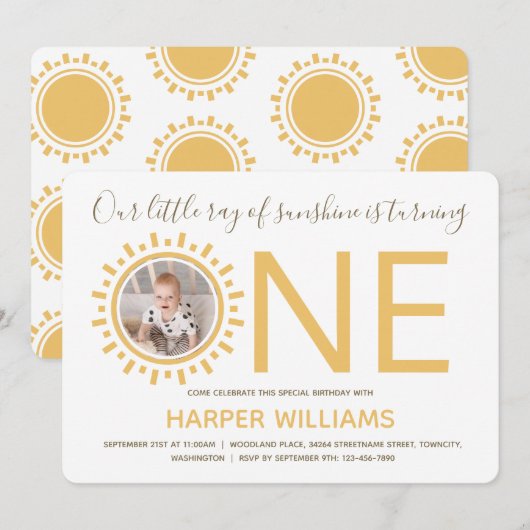 Ray of Sunshine Foto Baby First Birthday Kaart (Voorkant / Achterkant)