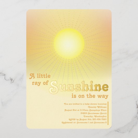 Ray of Sunshine Gold Sun Baby shower Folie Uitnodiging (Voorkant)