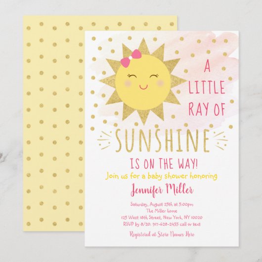 Ray van Sunshine Pink & Gold Baby shower Kaart (Voorkant / Achterkant)