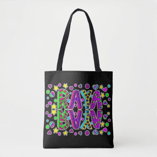 Raya, Meisje's Naam Harten en Sterren Kleurrijk Tote Bag (Voorkant)