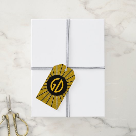 RAYS BUTTON Gold + uw foto, tekst, monogram Cadeaulabel (Met Touw)