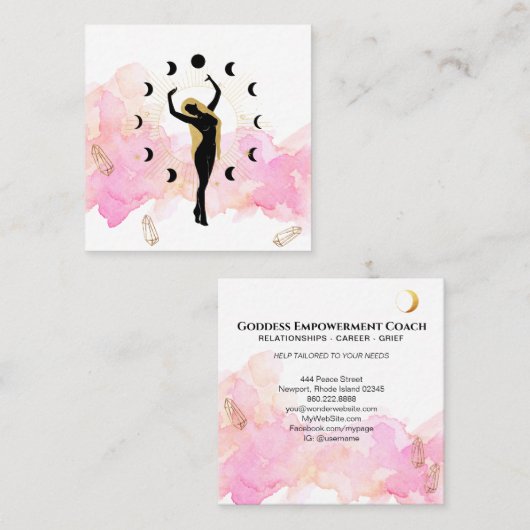 *~* Rays Crystals Cosmic Gold Black Goddess Moon Vierkante Visitekaartje (Voorkant / Achterkant)