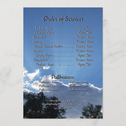 Rays van Storm Clouds Quote Photo Funeral Programmakaart (Achterkant)