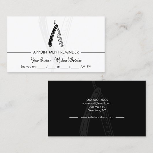 Razor Barber Appointment Black White Visitekaartje (Voorkant / Achterkant)
