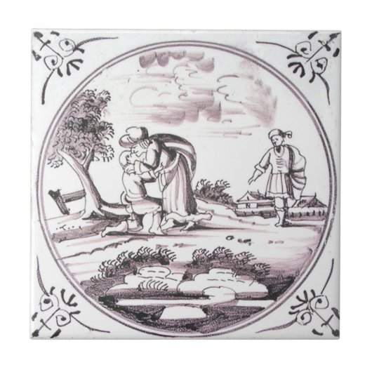 RBT07 Delft Biblical Manganese Red Ceramic Tile Tegeltje (Voorkant)