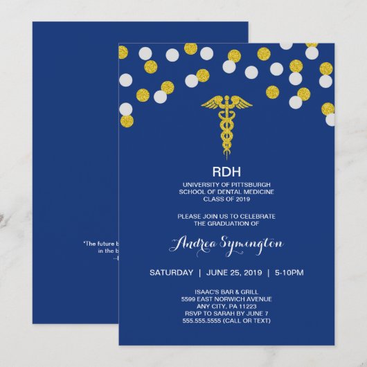 RDH afstuderen ceremonie of feest, gouden marine Kaart (Voorkant / Achterkant)