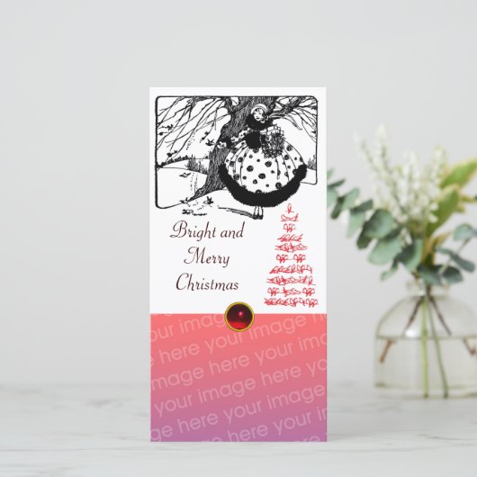 RDS TREE EN CHRISTMAS LADY Black White Gem Feestdagenkaart (Staand voorkant)