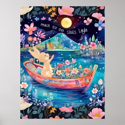 Reach for the Stars Woodland Bunny bloemig  Poster (Voorkant)