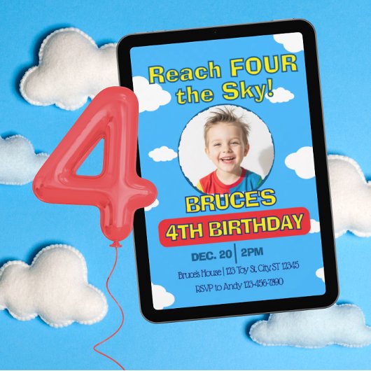 Reach FOUR the Sky, Picture Clouds 4th Birthday Kaart
