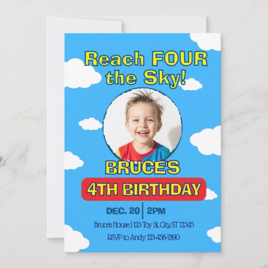 Reach FOUR the Sky, Picture Clouds 4th Birthday Kaart (Voorkant)