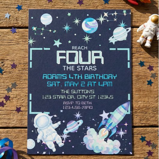 Reach Four the Stars Blue Green Space 4th Birthday Kaart