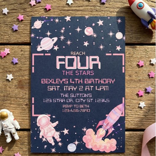 Reach Four the Stars Pink Space 4th Birthday Kaart