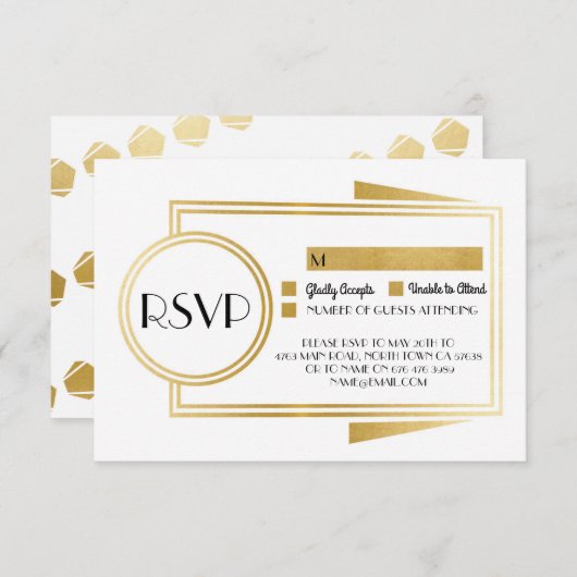 Reactie Kaarten Art Deco RSVP Gold White 1920 (Voorkant / Achterkant)