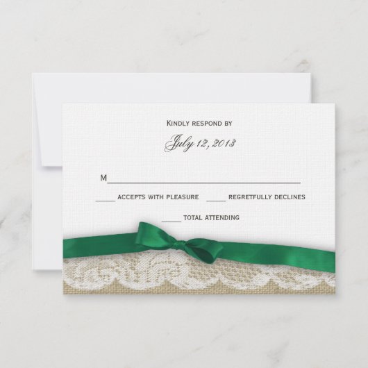 Reactie van Lace en Emerald Green Bow RSVP Kaartje (Voorkant)