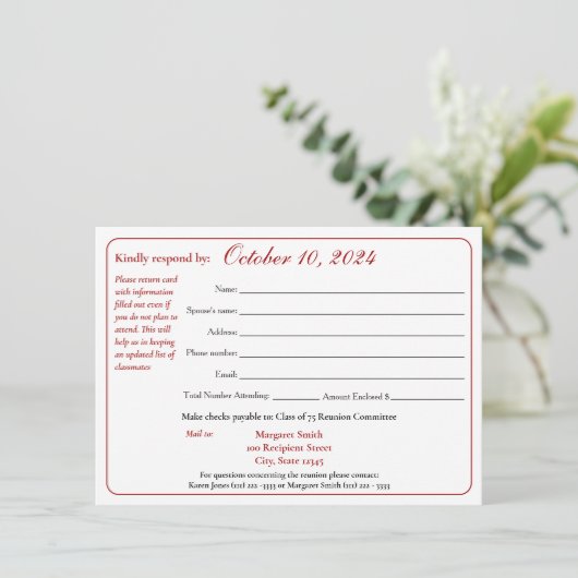 Reactieformulier reünie klasse Varsity Stripe Kaart (Staand voorkant)