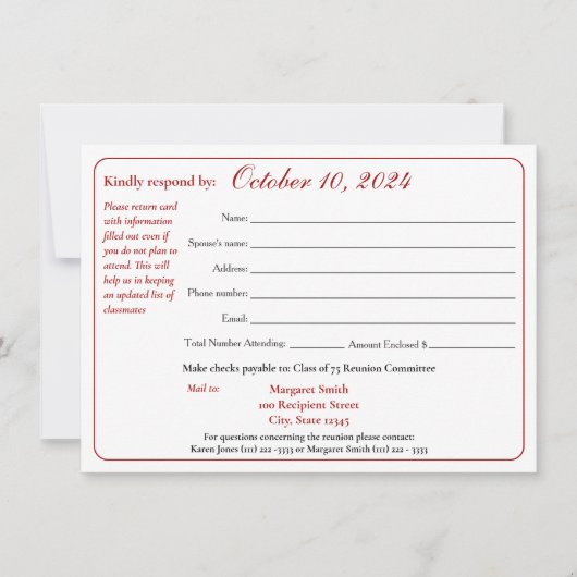 Reactieformulier reünie klasse Varsity Stripe Kaart (Voorkant)