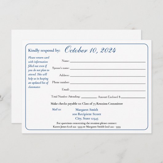 Reactieformulier reünie klasse Varsity Stripe Kaart (Voorkant / Achterkant)