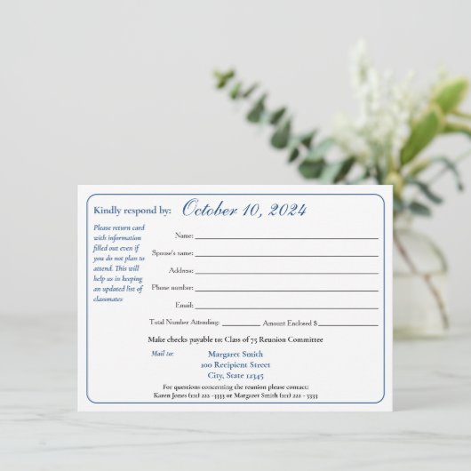 Reactieformulier reünie klasse Varsity Stripe Kaart (Staand voorkant)