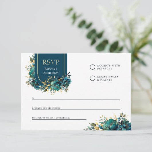 Reactiekaart turquoise bloemen met gouden accenten RSVP kaartje (Staand voorkant)