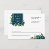 Reactiekaart turquoise bloemen met gouden accenten RSVP kaartje (Voorkant / Achterkant)
