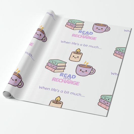 Read And Recharge Wrapping Paper Kawaii Book Lover Cadeaupapier (Uitgerold)