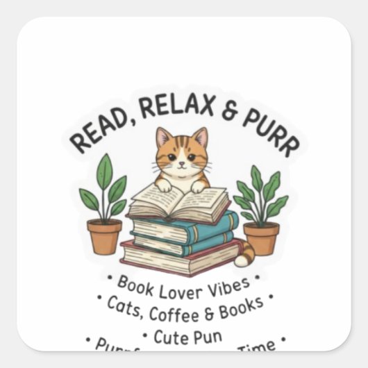 Read, Relax & Purr – Cute Cat Reading Books Sticke Vierkante Sticker (Voorkant)