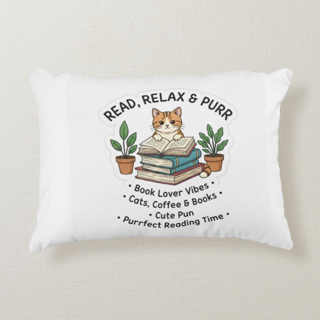 Read Relax & Purr – Cute Cat With Books Sticker |  Accent Kussen (Voorkant)