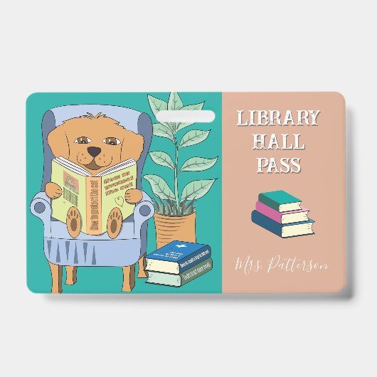 Reading Dog Horizontal Library Hall Pass Badge (Voorzijde)