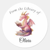 Reading Dragon Round Bookplate – From the Library  Ronde Sticker (Voorkant)