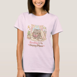Reading is My Happy Place Cute Kitty Cat Pink T-shirt