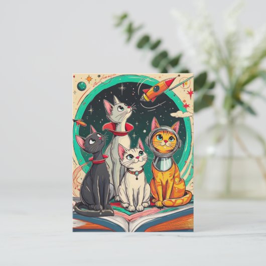 Reading Opens a Gateway to Cosmic Cat Adventures Briefkaart (Staand voorkant)