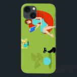 Reading Woman iPad air Case<br><div class="desc">Deze Woman iPad Air-draagtas uit Retro heeft een stijl, minimalistische kunst uit 1960, een cartoon van een vrouw die haar prioriteiten heeft. Deze heerlijke boekenworm is ingebed in een echte pagina-turner. De vormig brunette draagt een aqua jurk en een rode bril, terwijl ze een blauw boek vasthoudt. Ze zit in...</div>