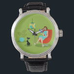 Reading Woman Watch Horloge<br><div class="desc">Deze Retro Reading Woman Watch heeft een stijl van 1960, minimalistische kunst, een cartoon tekening van een vrouw die haar prioriteiten in orde heeft. Deze heerlijke boekenworm is ingebed in een echte pagina-turner. De vormig brunette draagt een aqua jurk en een rode bril, terwijl ze een blauw boek vasthoudt. Ze...</div>