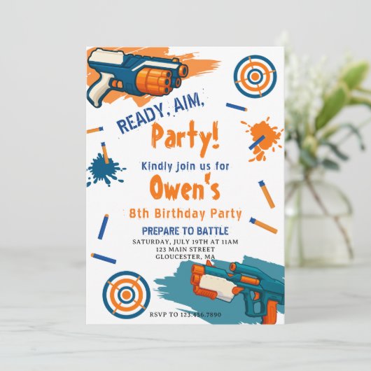 Ready, Aim, Party! Dart | Nerf Gun Themed Birthday Kaart (Staand voorkant)
