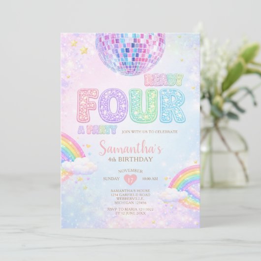 Ready FOUR a party Disco Rainbow Birthday Kaart (Staand voorkant)