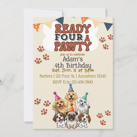 Ready FOUR a Pawty, Dog 4th Birthday Invitation Kaart (Voorkant)