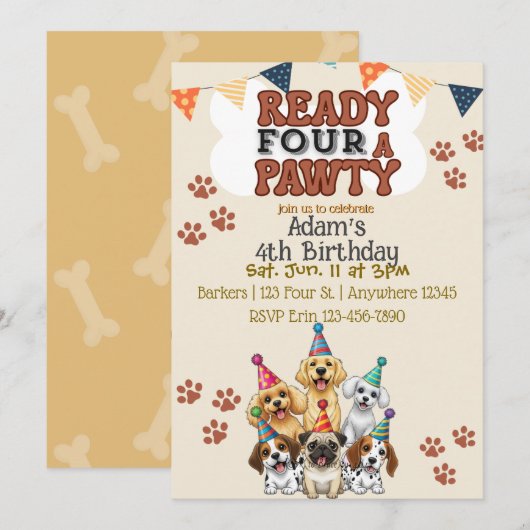 Ready FOUR a Pawty, Dog 4th Birthday Invitation Kaart (Voorkant / Achterkant)