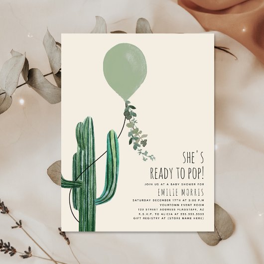 Ready to Pop Balloon Cactus Green Baby Shower  Kaart