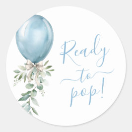 Ready To Pop Blue Balloon Bow Greenery Baby Shower Ronde Sticker