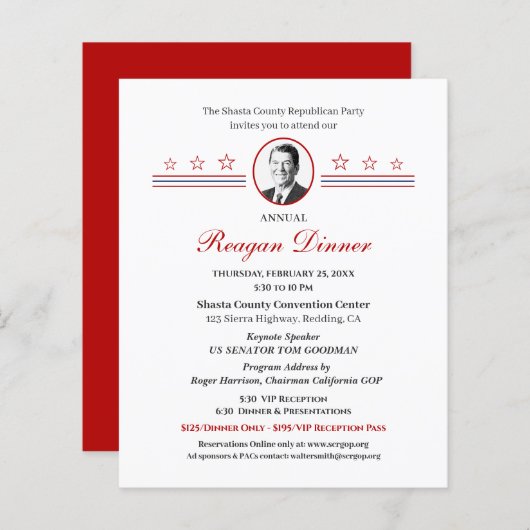 Reagan Dinner Political Fundraiser Invitation (Voorkant / Achterkant)